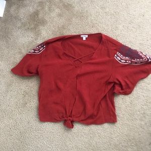 Cropped tie front blouse